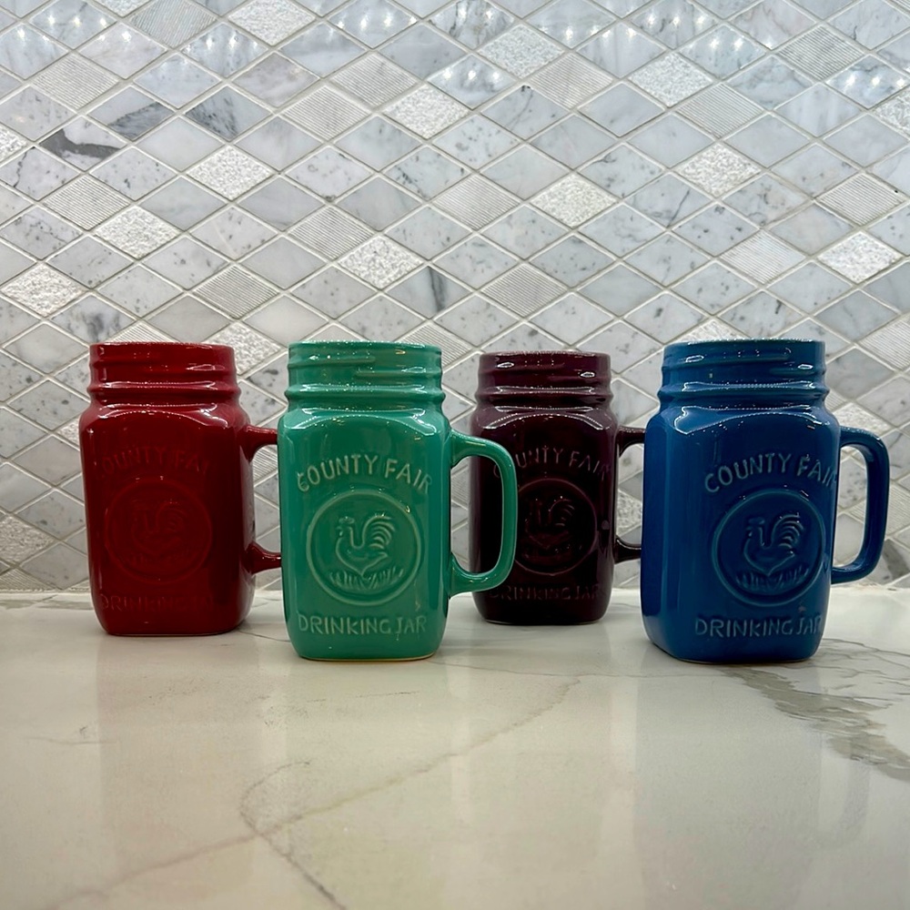 County Fair Drinking Jars Mugs w Rooster Country 20 oz Set Of 4 Stoneware 6x3.5"